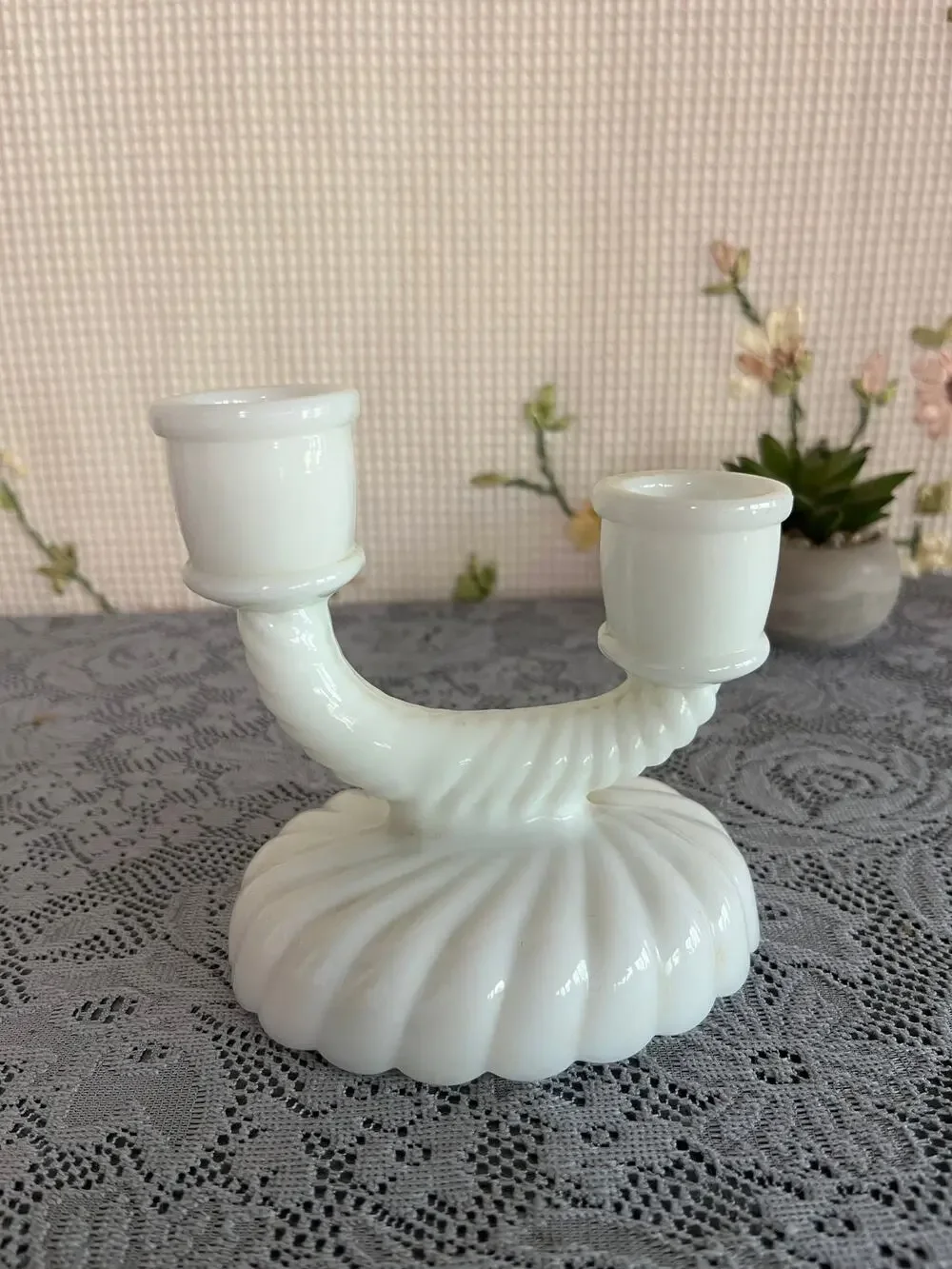 Westmoreland Milk Glass Double Candle Holder Swirl Shell 2 Light WG Mark Vintage